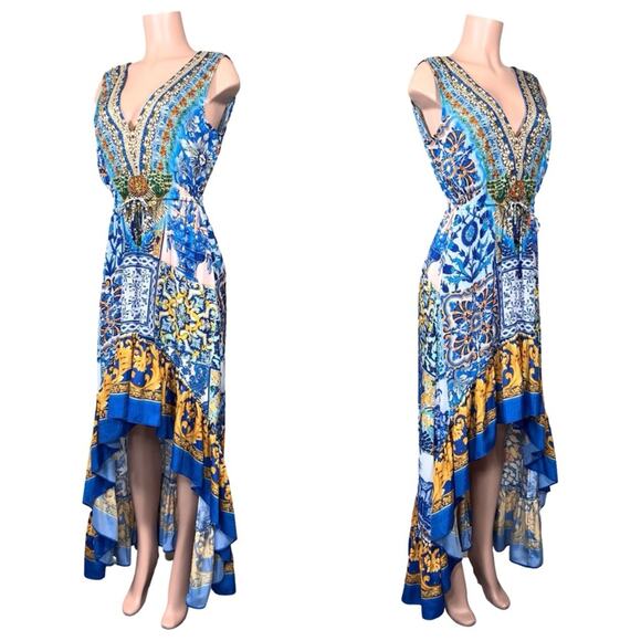 NWOT Shahida Paradies HIGH LOW RUFFLE BLUE DRESS SZ M/L $449 - Picture 5 of 13